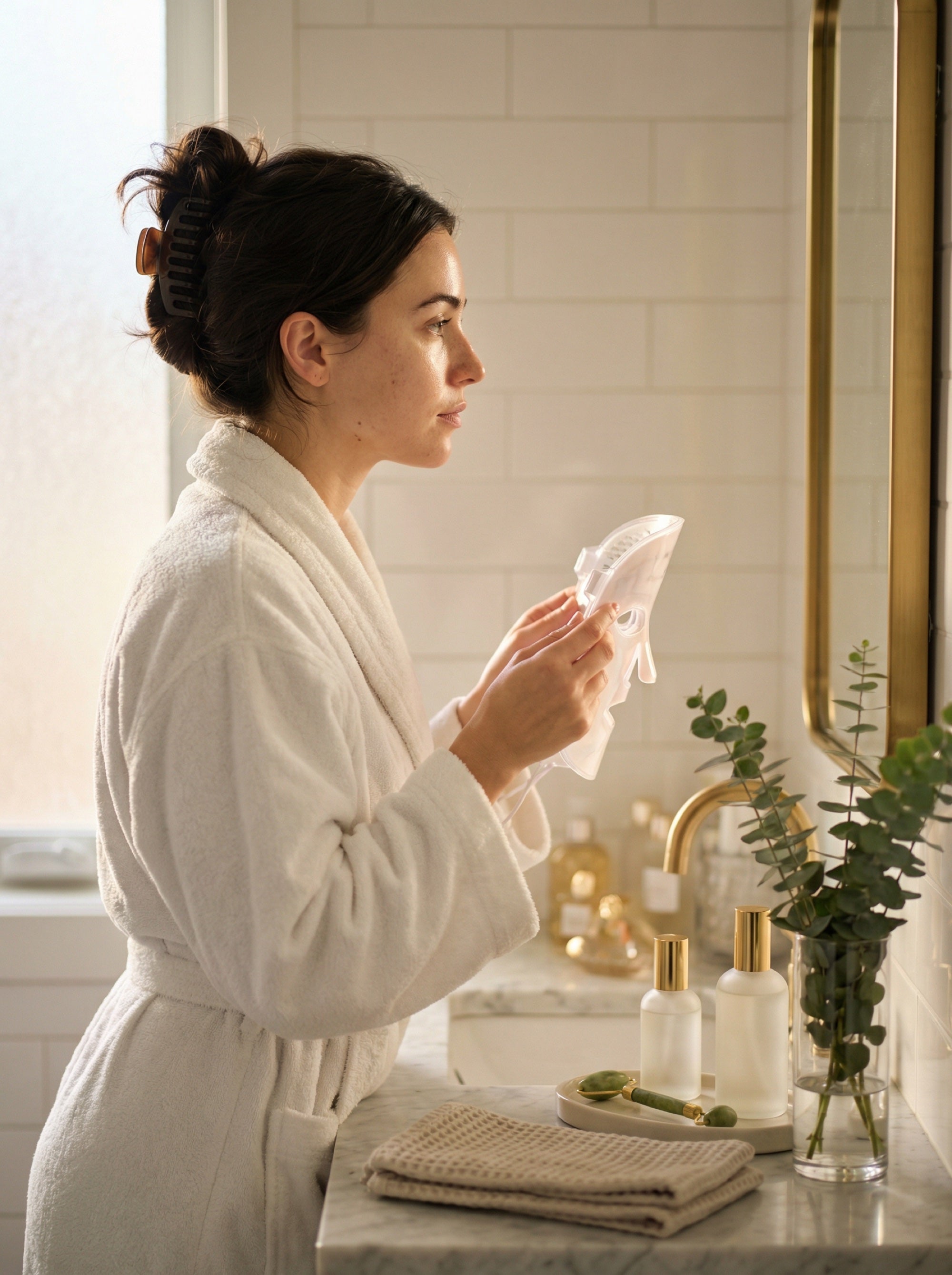 Woman in luxury bathroom with Phovea Complete Kit skincare products morning routine