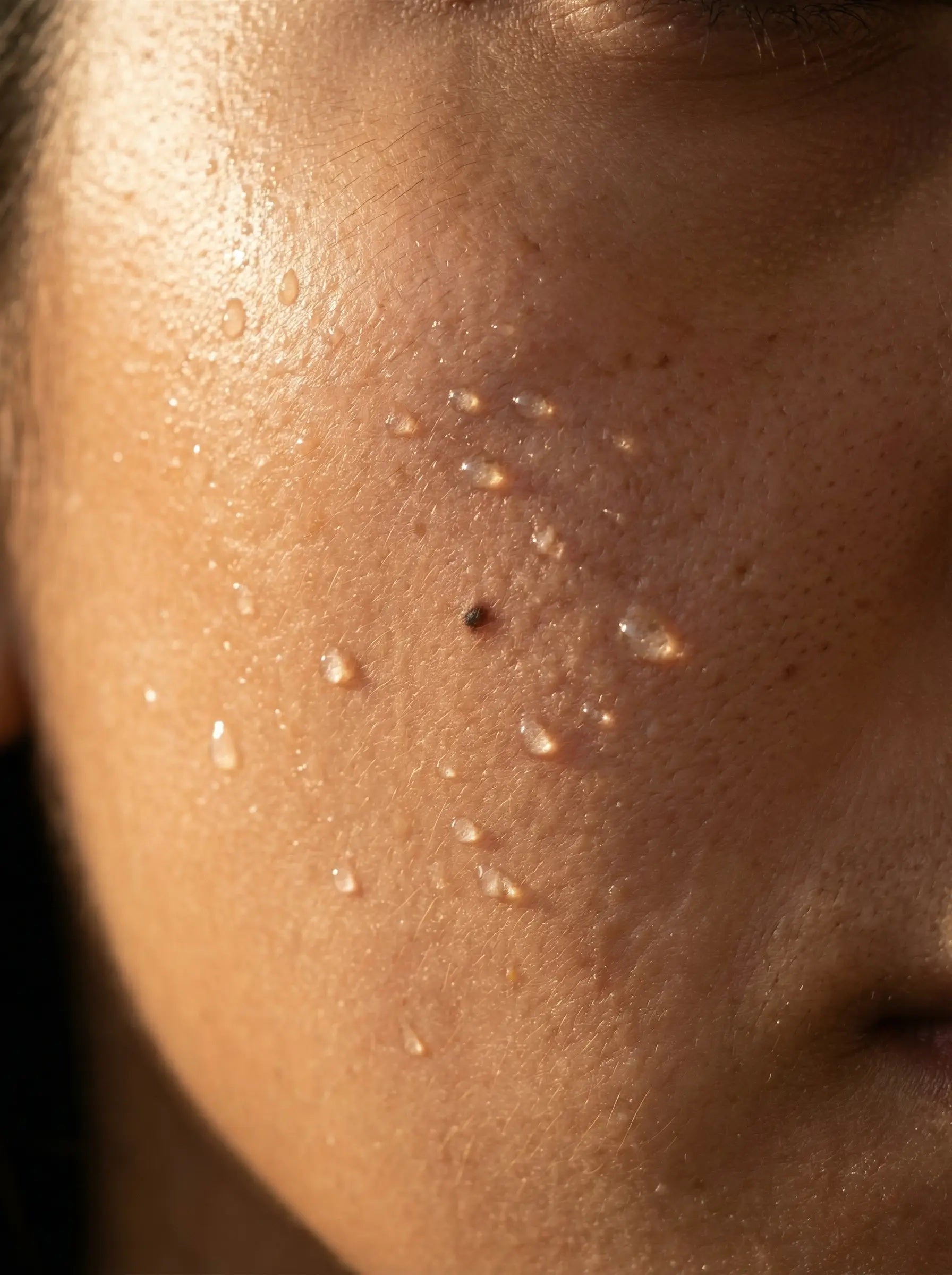 Close-up glowing hydrated skin showing pore refinement from hydrogel booster mask