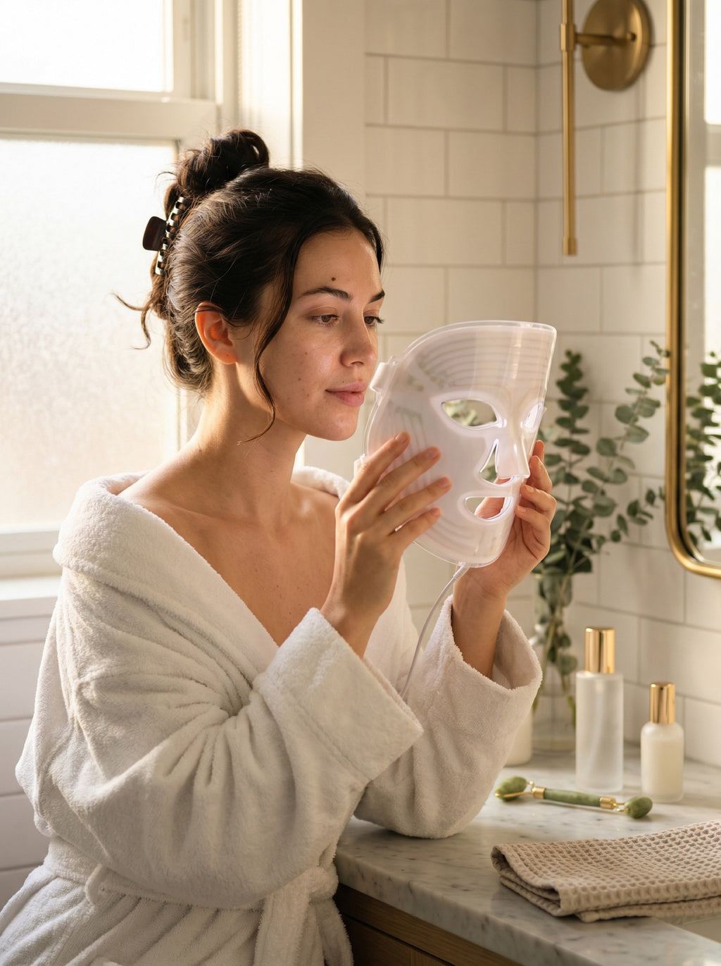 Woman holding Phovea LED face mask in luxury bathroom morning skincare routine