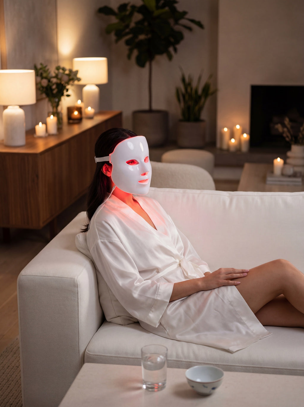 Woman relaxing on sofa during LED face mask red light therapy session