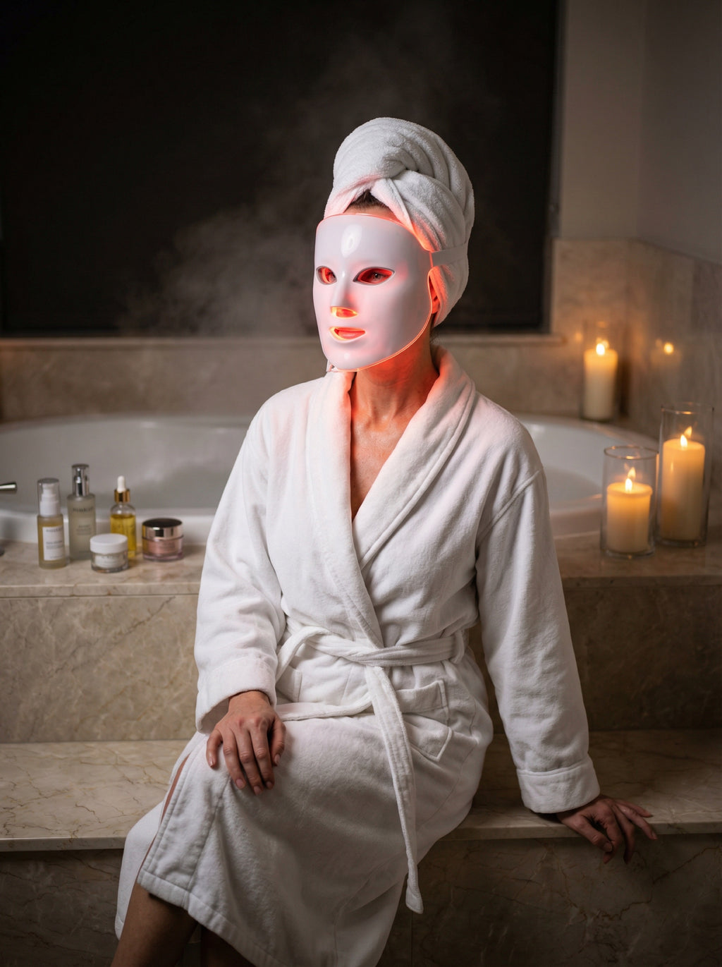 Woman wearing LED face and neck mask during luxury spa red light therapy treatment